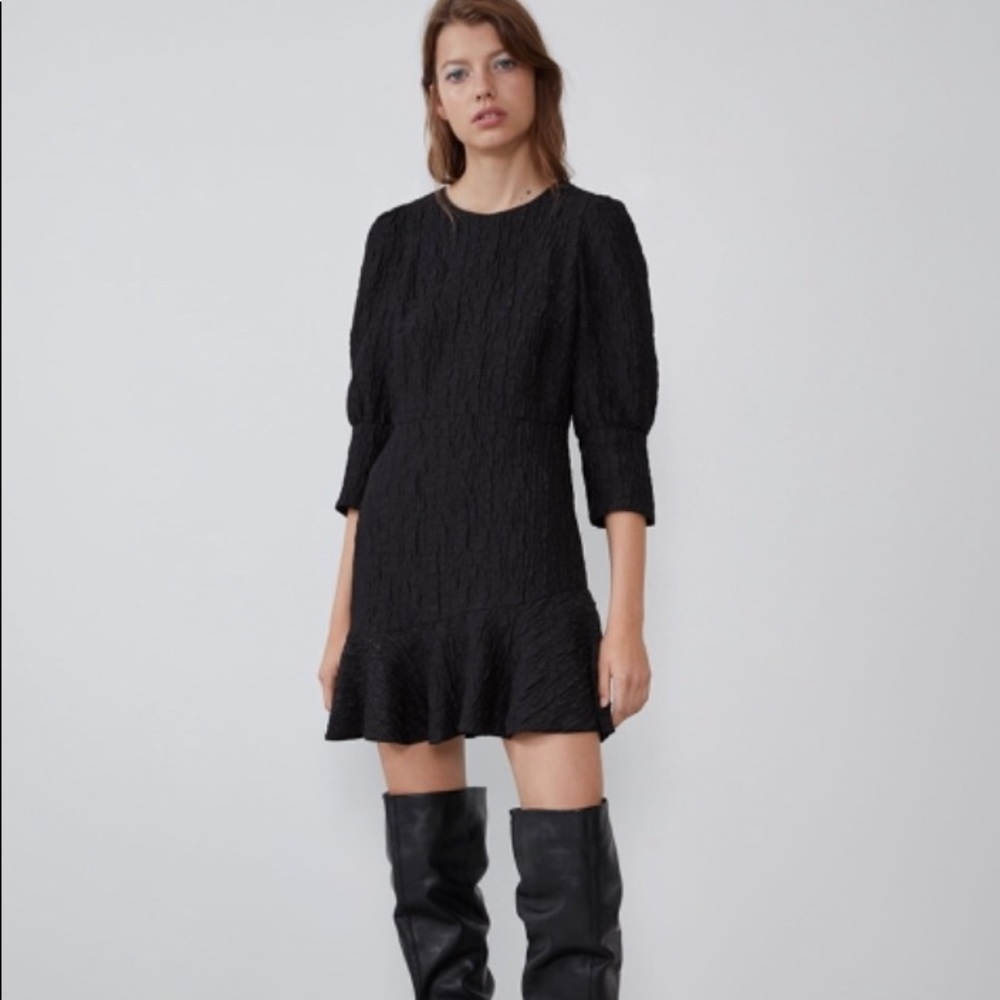 Zara Mini Dress Black A-Line Ruffle 3/4 Sleeve NWT